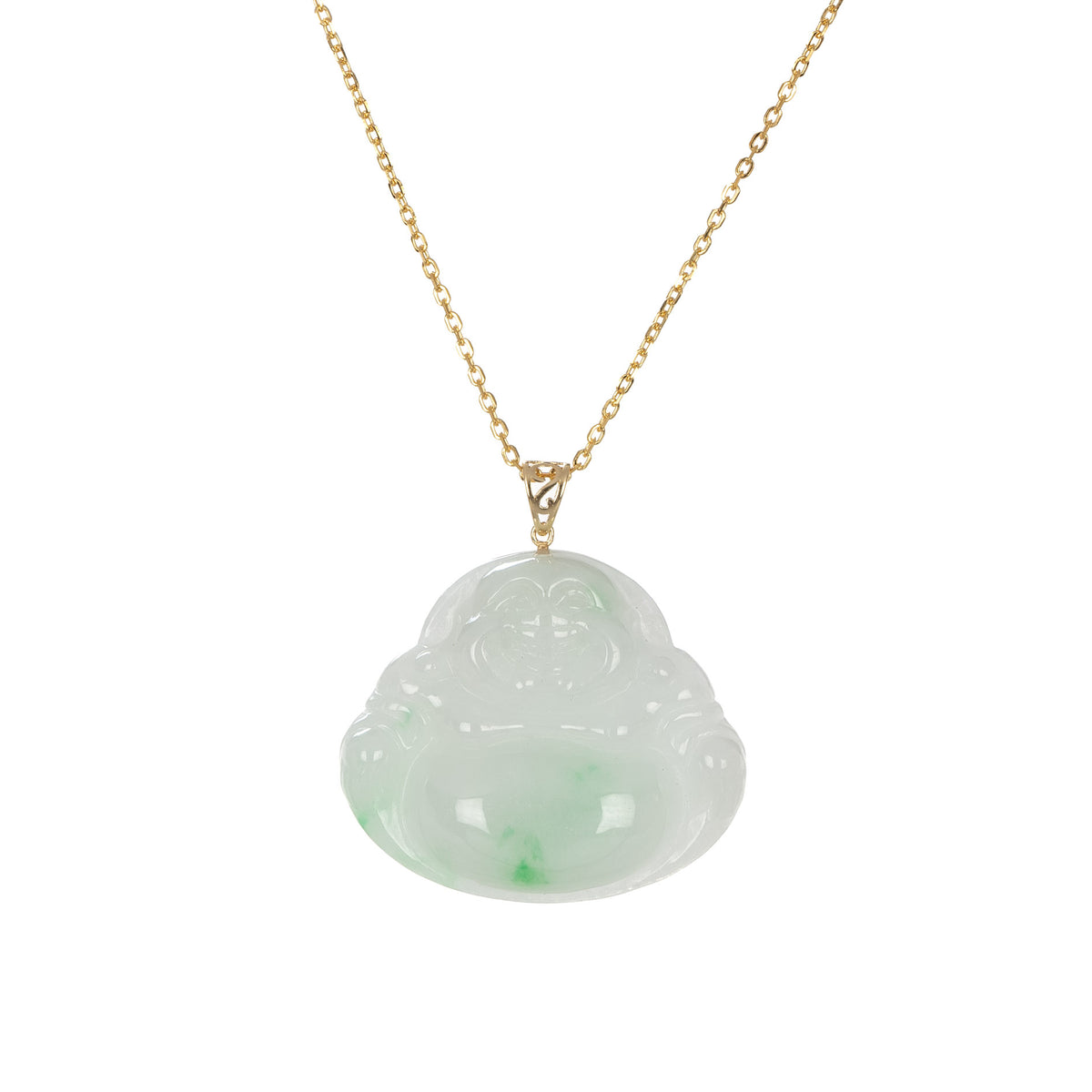 18K Laughing Buddha Jade Necklace - 18K Yellow Gold