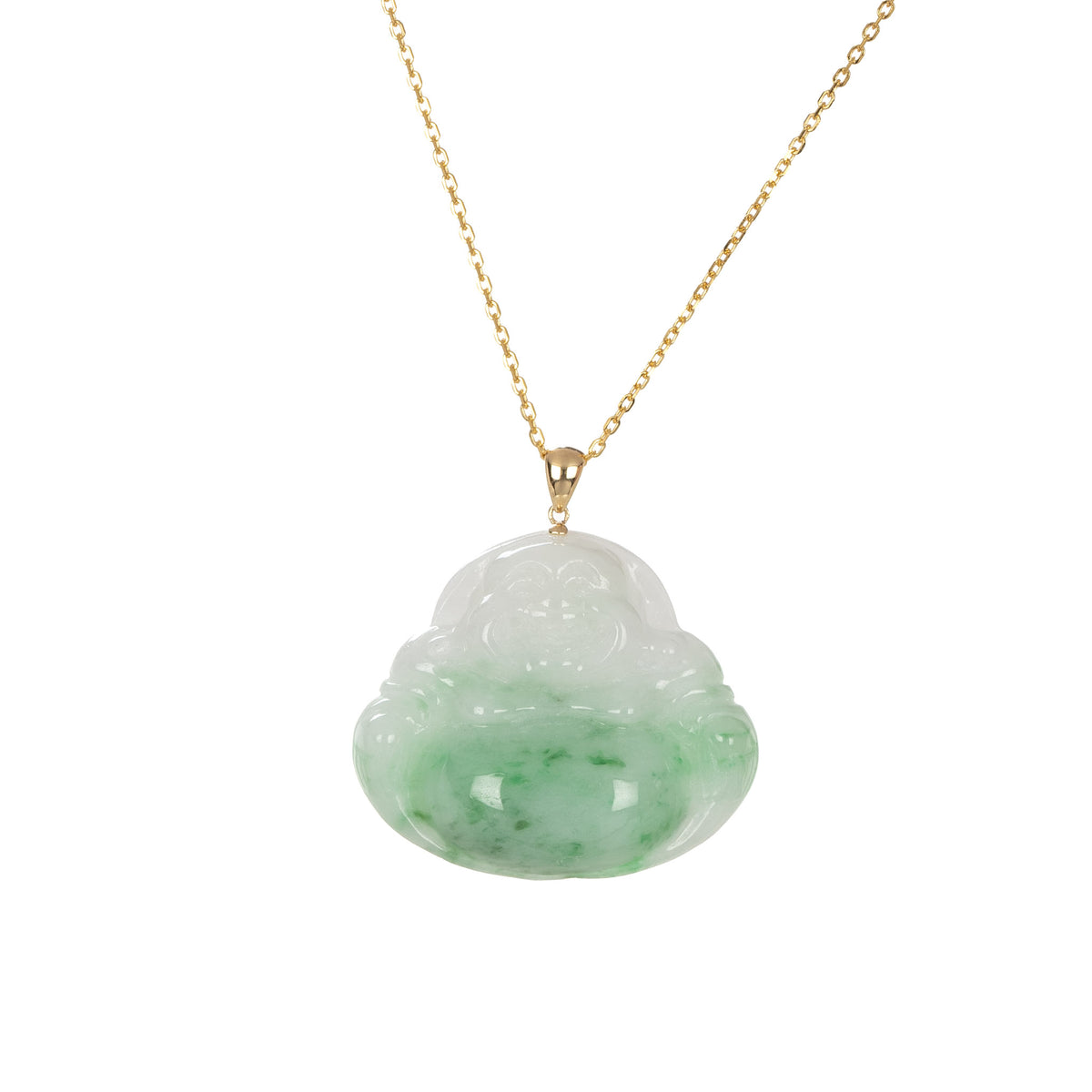 Untreated Laughing Buddha Jade Necklace - 18K Yellow Gold