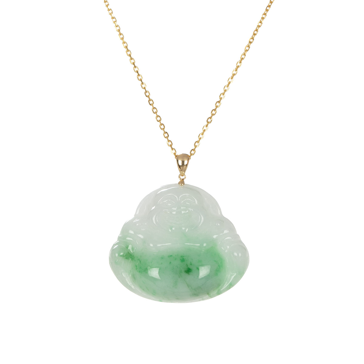 18K Happy Buddha Jadeite Jade Pendant - 18K Yellow Gold