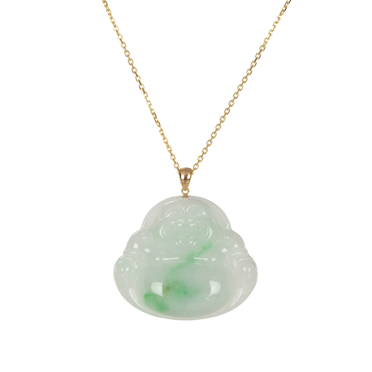 Untreated Happy Buddha Burmese Jade Necklace - 18K Yellow Gold