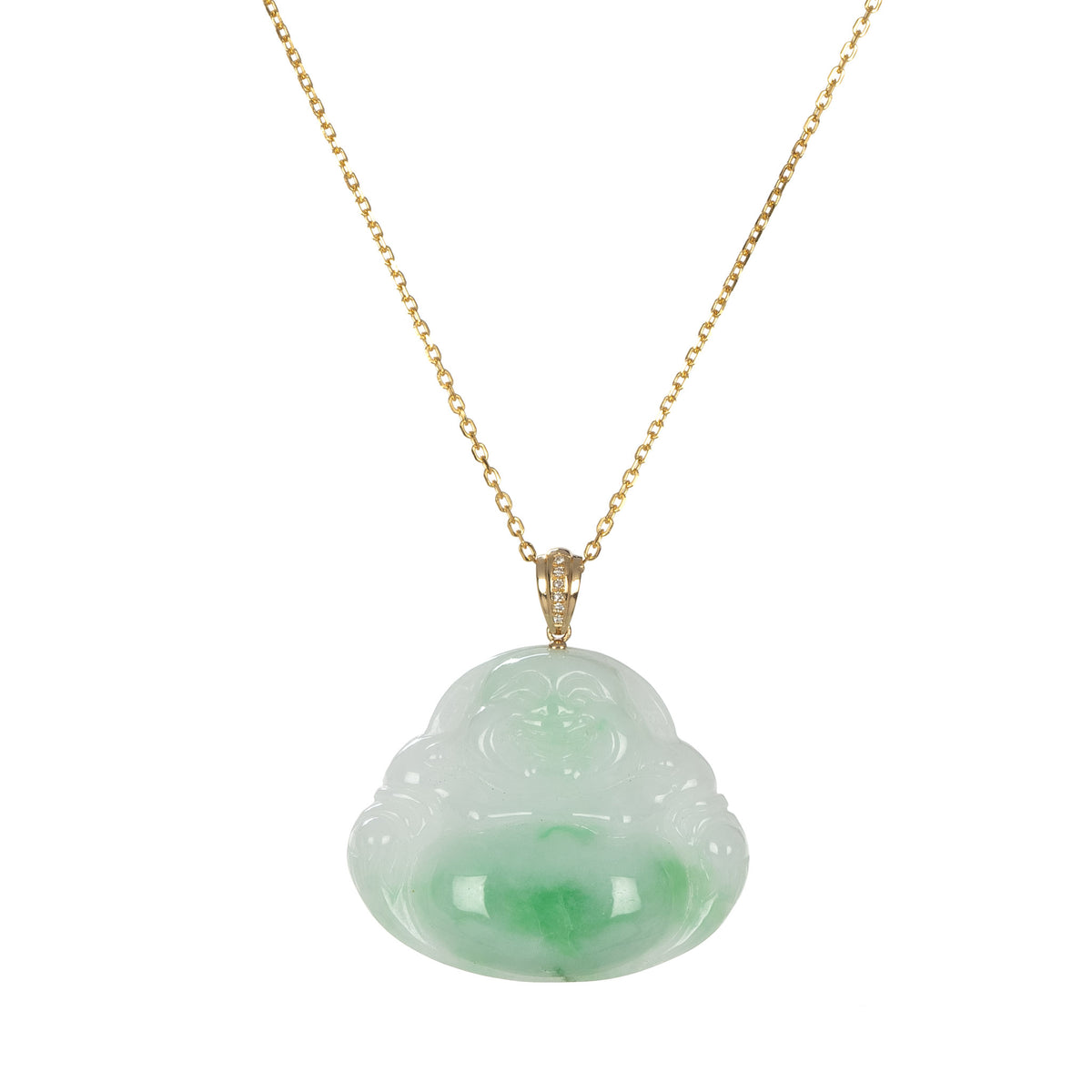 Grade A Happy Buddha Burmese Jade Necklace - 18K Yellow Gold