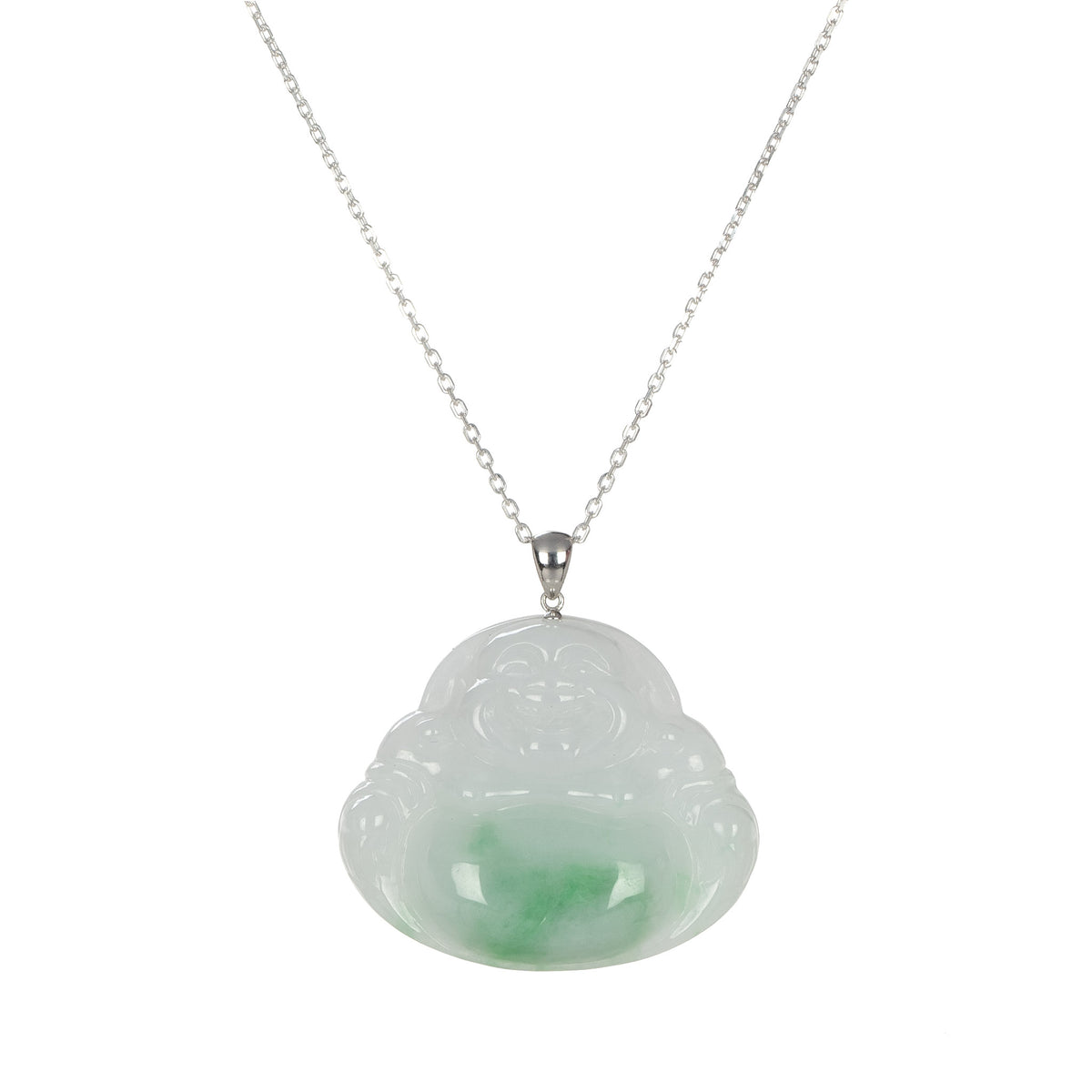 Untreated Lucky Buddha Jadeite Pendant - 18K White Gold