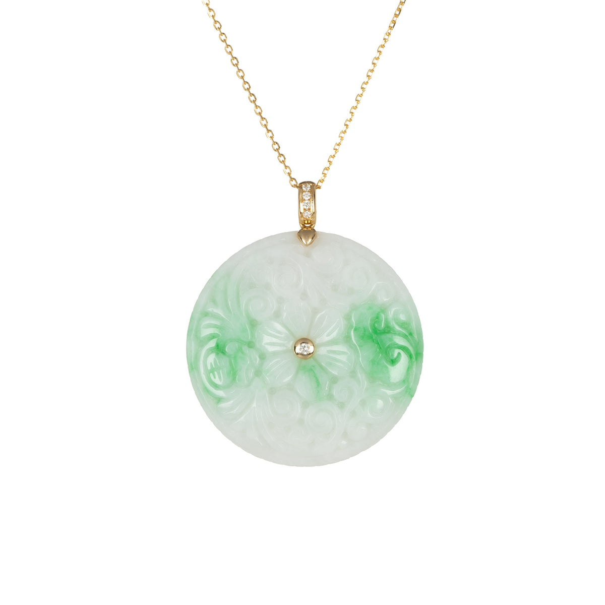 Carved Jade Disc Necklace with Diamonds