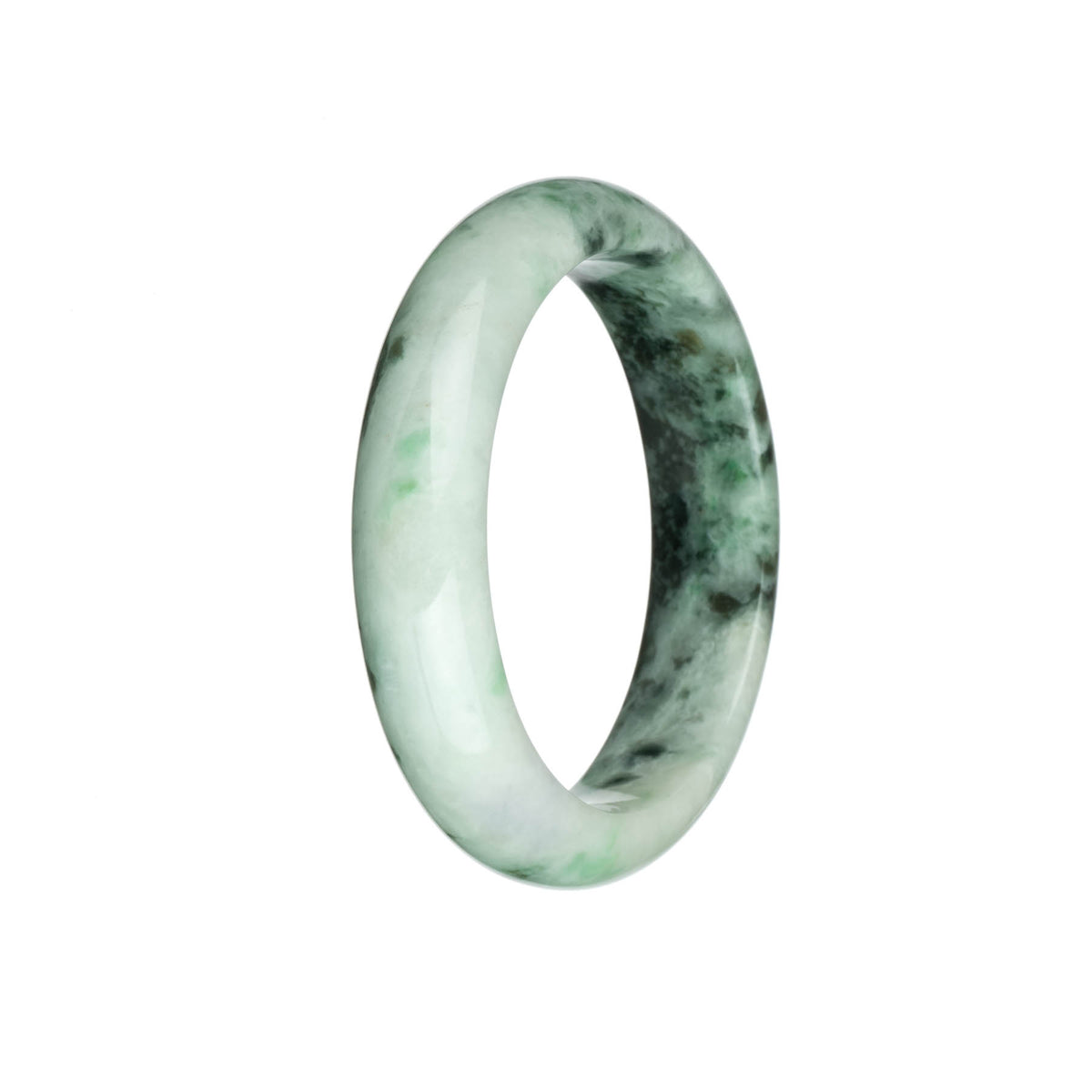 Authentic Grade A Dark Green and Green Patterns with White and Apple Green Spots Traditional Jade Bangle Bracelet - 58mm Half Moon