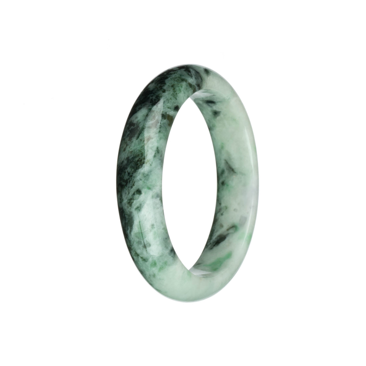 Authentic Grade A Dark Green and Green Patterns with White and Apple Green Spots Traditional Jade Bangle Bracelet - 58mm Half Moon