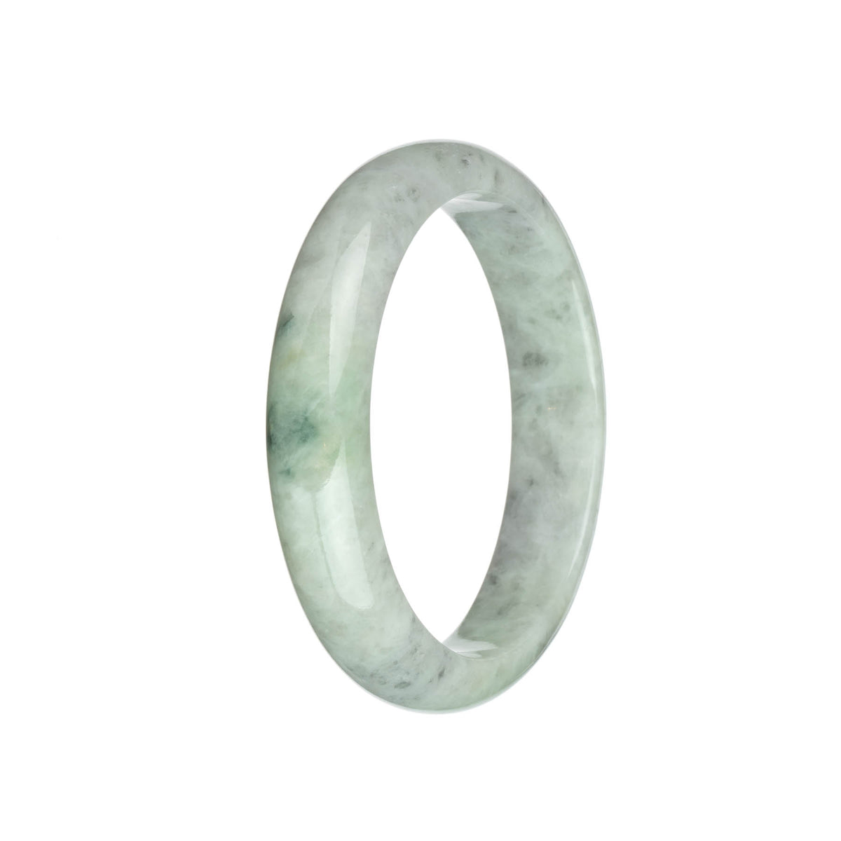 Genuine Type A Light Green and Light Grey with Green Patterns and Grey Spots Jadeite Jade Bangle - 63mm Half Moon