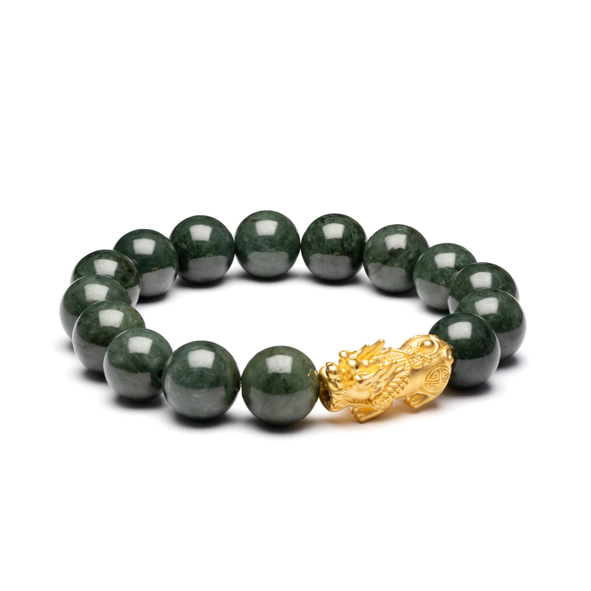 Mens Dark Green Jadeite Jade Bead Bracelet with 24K Gold Pixiu