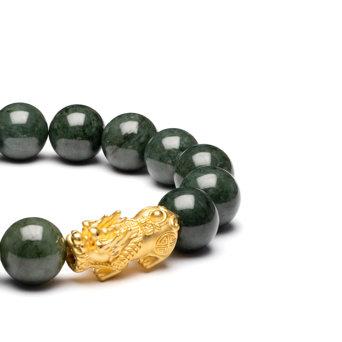 Mens Dark Green Jadeite Jade Bead Bracelet with 24K Gold Pixiu