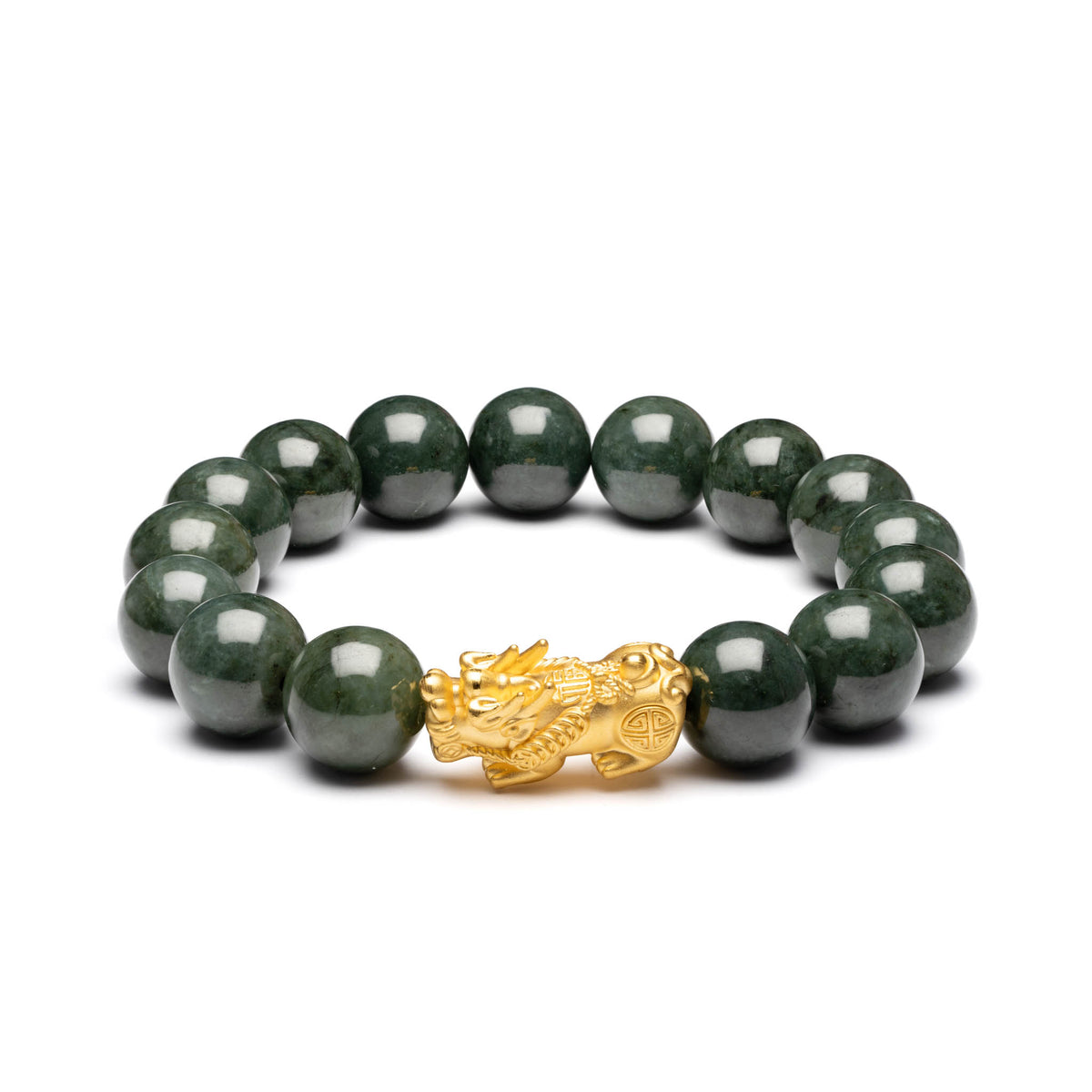 Mens Dark Green Jadeite Jade Bead Bracelet with 24K Gold Pixiu