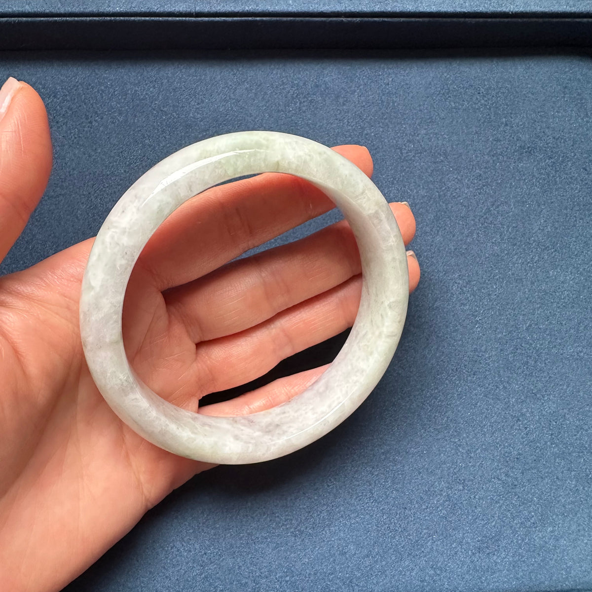 Genuine Grade A Light Grey and Light Green with Grey and Light Brown Spots Jadeite Bangle Bracelet - 62mm Half Moon