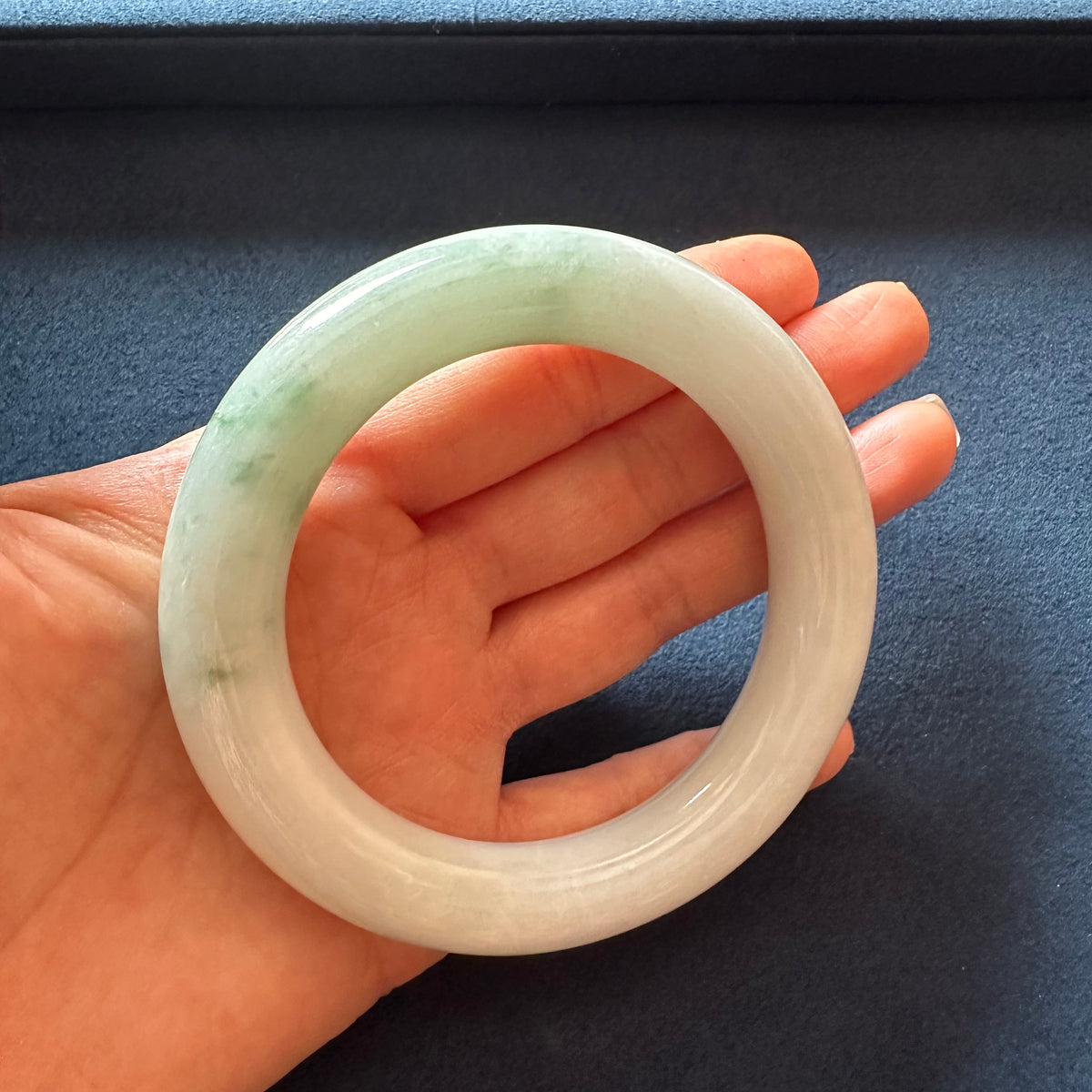 Authentic White with Green Pattern Burmese Jade Bangle - 58mm Round