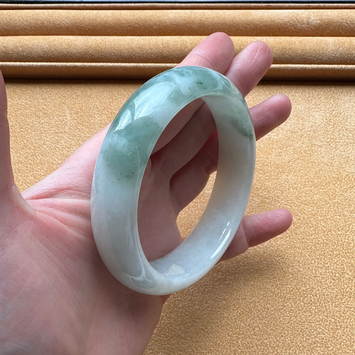 Genuine Grade A Green and White Burmese Jade Bracelet - 60mm Half Moon