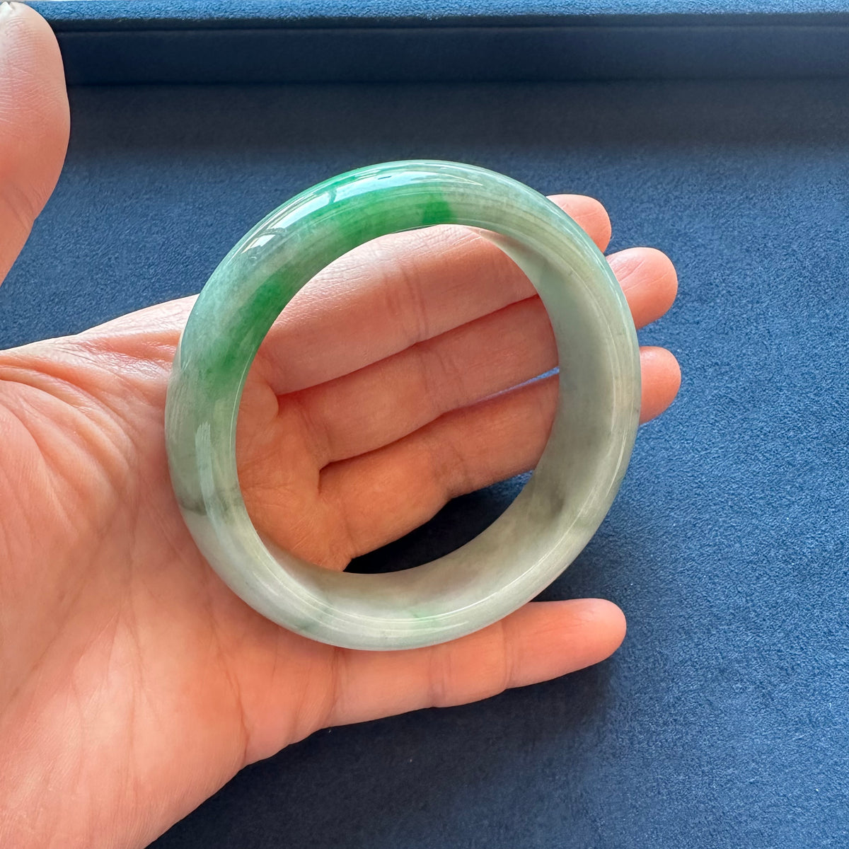 Genuine Grade A Pale Green with Light Green and Light Grey Pattern Jade Bracelet - 57mm Half Moon