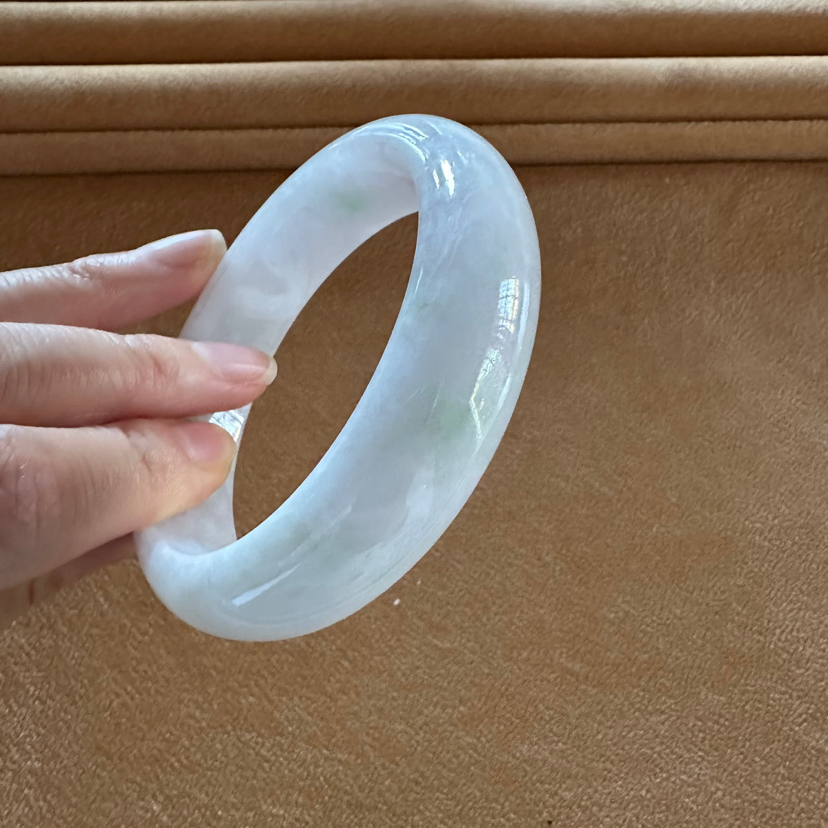 Genuine Grade A White with Pale Green Patches Jadeite Bangle Bracelet - 58mm Half Moon