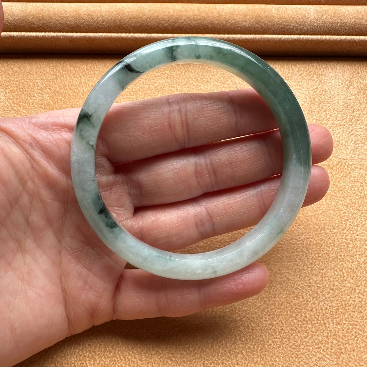 Genuine Natural Green with Dark Green Pattern Burmese Jade Bracelet - 58mm Semi Round