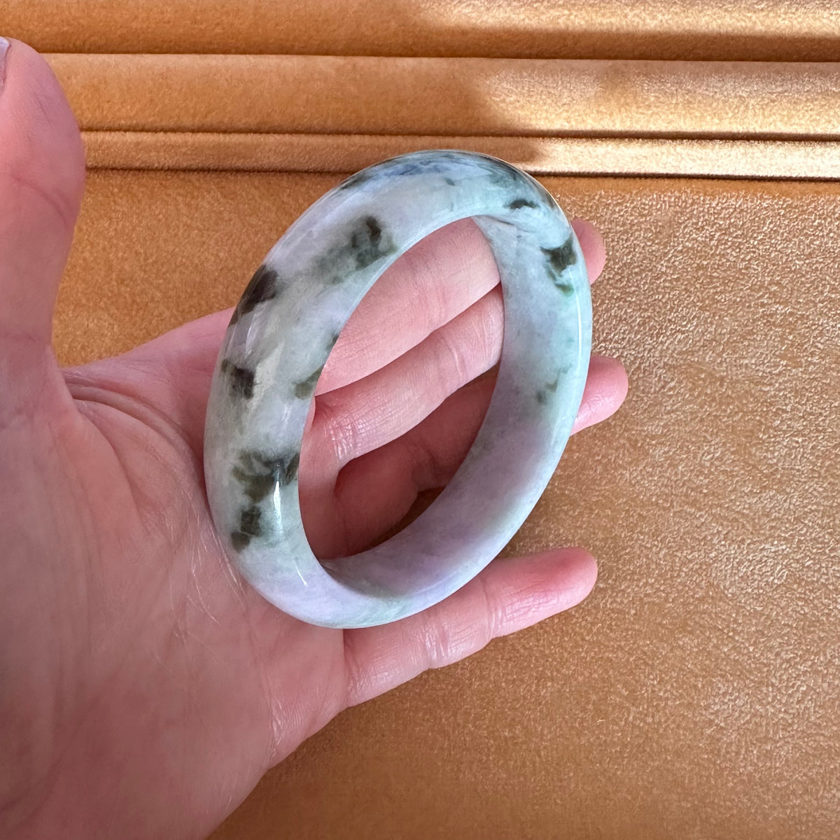 57.9mm Pale Green with Lavender and Olive Green Patterns Jade Bangle Bracelet