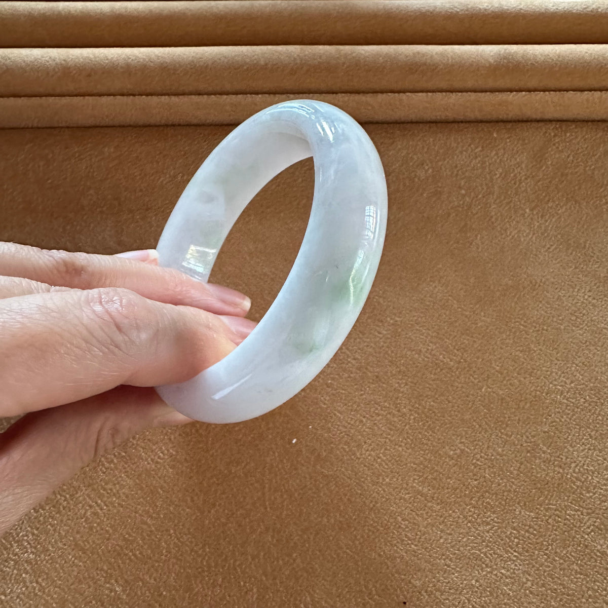 Genuine Grade A White with Pale Green Patches Jadeite Bangle Bracelet - 58mm Half Moon