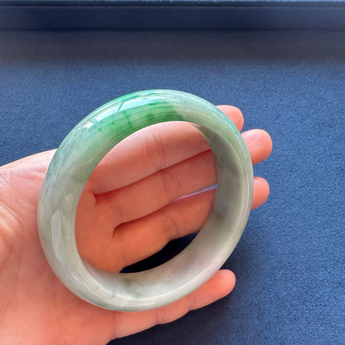 Genuine Grade A Pale Green with Light Green and Light Grey Pattern Jade Bracelet - 57mm Half Moon