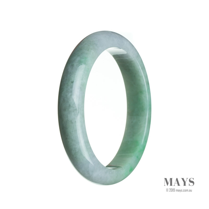 A close-up image of a white and green jadeite bangle, 62mm in size, with a semi-round shape.