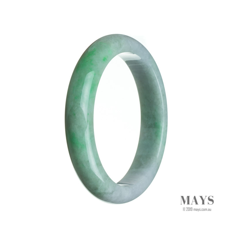 A high-quality jade bangle with a white and green color combination and a semi-round shape, measuring 62mm in size. Perfect for accessorizing or as a thoughtful gift.