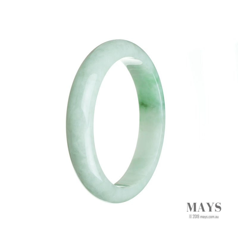 An elegant white and green jade bangle with a traditional half moon shape, perfect for adding a touch of sophistication to any outfit.