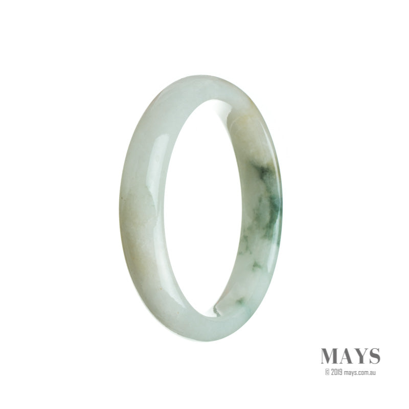 A close-up image of a half-moon shaped bangle bracelet made of genuine Grade A white with green Burma jade. The bracelet, measuring 55mm in diameter, has a smooth and polished surface, showcasing the natural beauty and vibrant colors of the jade stone. It is a stunning piece of jewelry by MAYS.