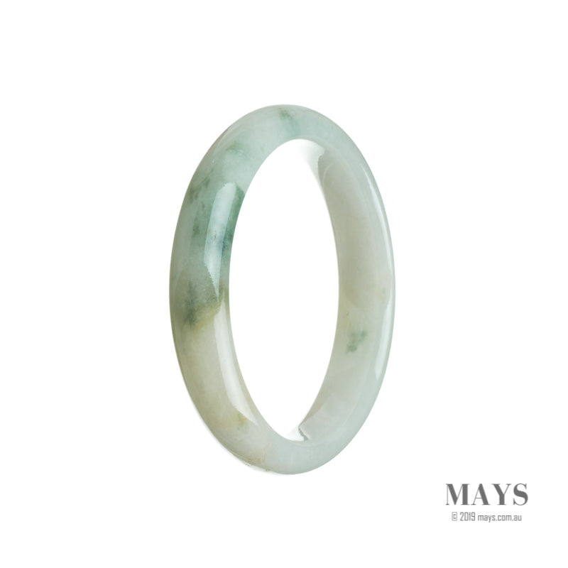 A close-up photo of a stunning white and green Burmese jade bangle, certified as Grade A. The bangle is in a half-moon shape and measures 55mm in diameter. It is a beautifully crafted piece of jewelry, showcasing the natural beauty of Burmese jade. From MAYS GEMS.