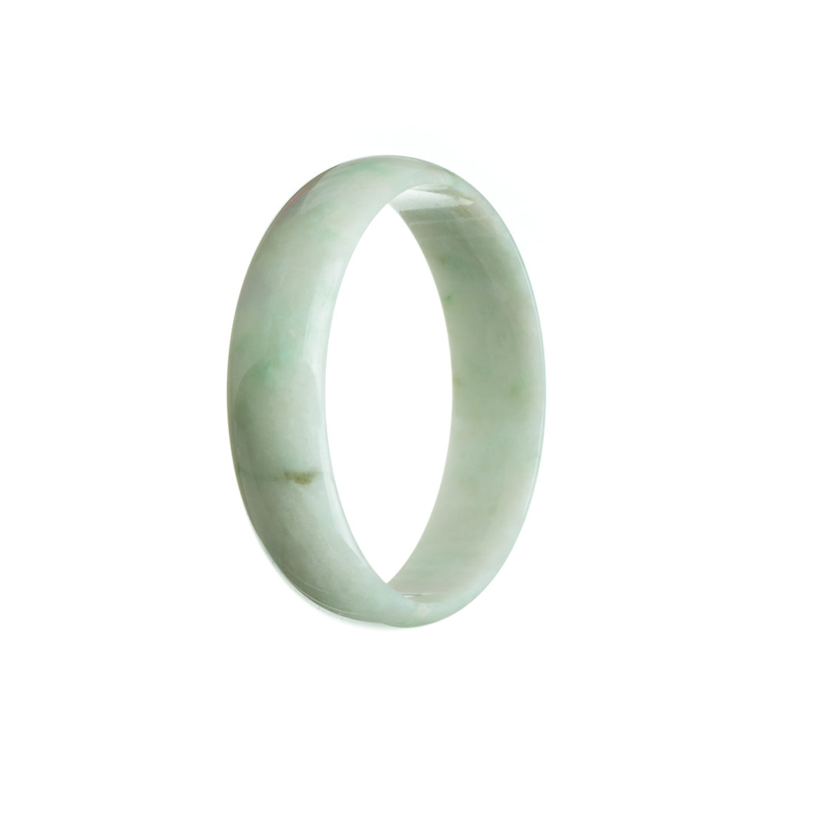 A close-up photo of a beautiful white and green jade bangle with a flat design. The bangle is made of genuine Grade A jadeite jade and measures 52mm in diameter. It is offered by MAYS GEMS.