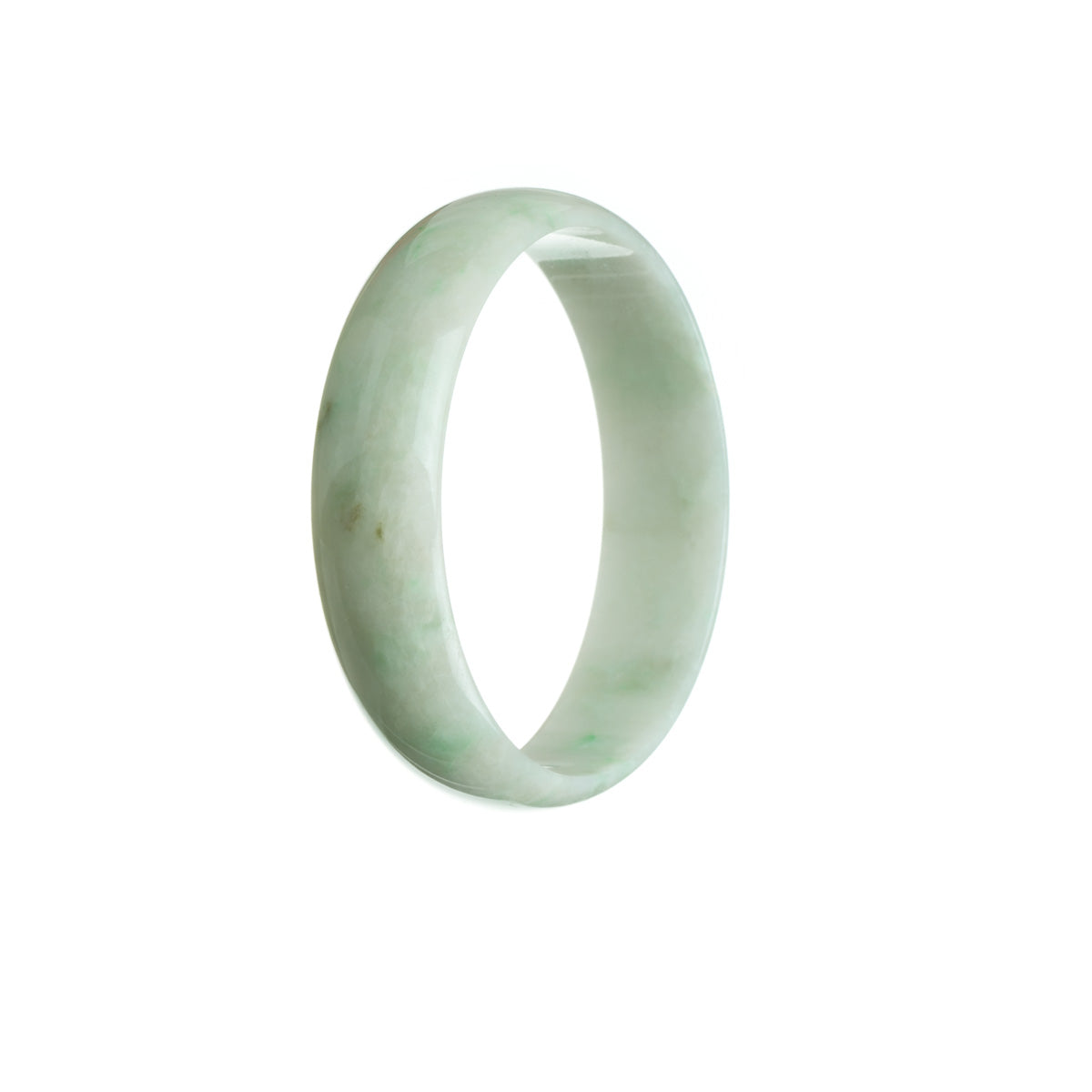 A close-up photograph of a stunning Burmese Jade bangle bracelet with a white and green color combination. The bracelet has a flat shape and is 52mm in size. It is an authentic Grade A piece, exuding elegance and beauty.