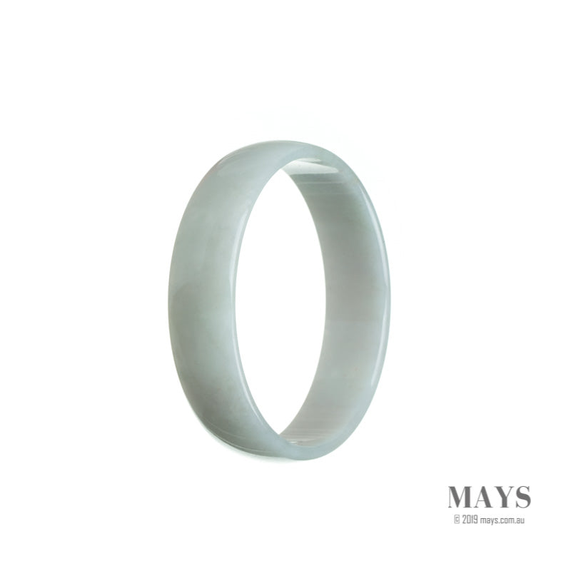 A white traditional jade bangle with a flat shape, certified as Type A, measuring 53mm in size. Offered by MAYS GEMS.