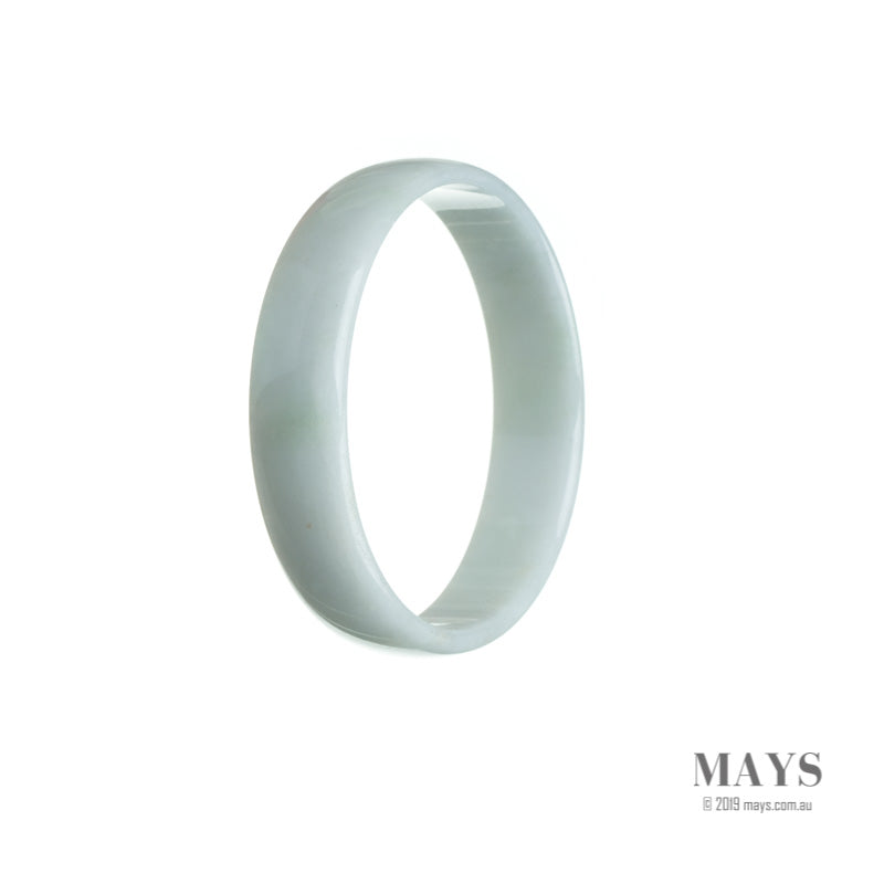 A close-up image of a white jade bangle bracelet, featuring a flat design and measuring 53mm in diameter. This genuine Type A white jadeite jade bracelet is a beautiful accessory from MAYS.