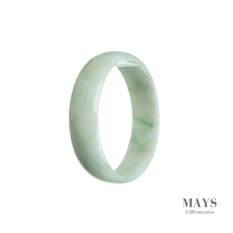 A close-up photo of a white and green jade bangle bracelet, meticulously crafted with high-quality materials. The bangle is flat and has a 52mm diameter. The intricate design showcases the beauty of the jade, with its vibrant green color contrasting against the white base. The bracelet is a luxurious piece of jewelry, perfect for adding a touch of elegance to any outfit.