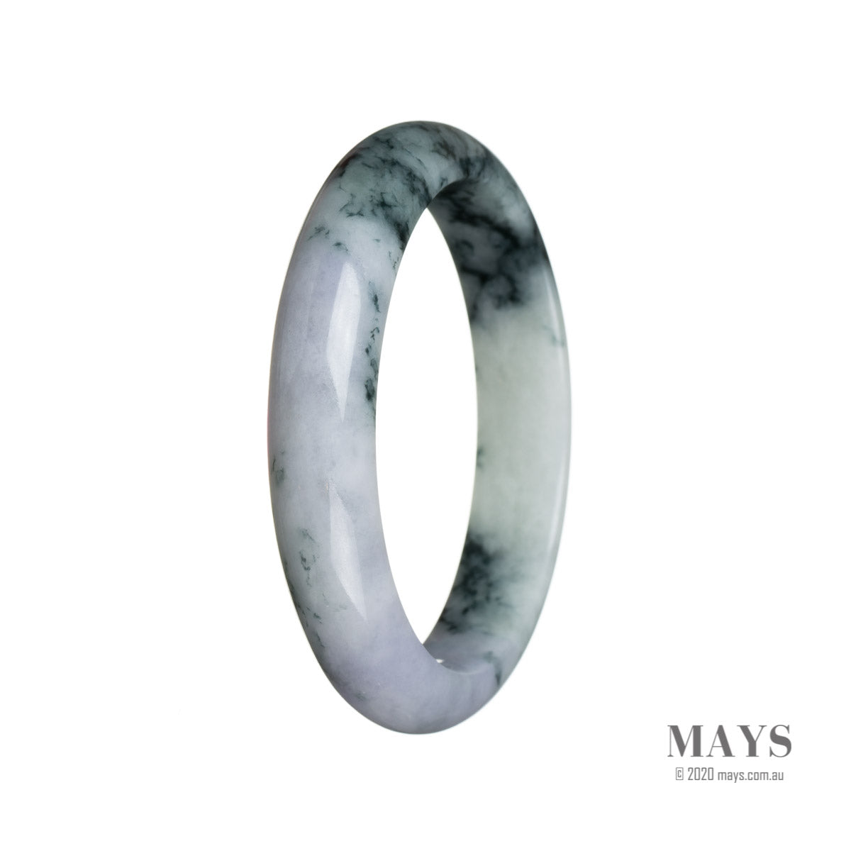 A beautiful lavender flower jade bangle, untreated and authentic, measuring 55mm in a semi-round shape. Made by MAYS™.