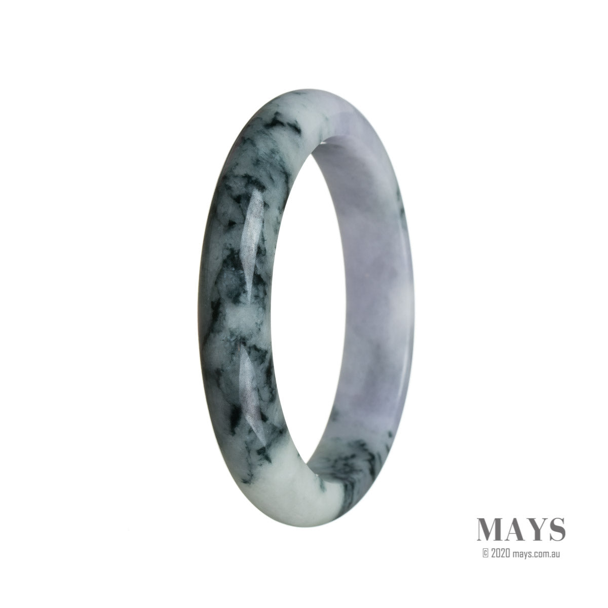 An elegant lavender flower Burma Jade bangle bracelet certified as natural and crafted with care. The bracelet is semi-round in shape, measuring 55mm in size. A beautiful piece from MAYS GEMS.