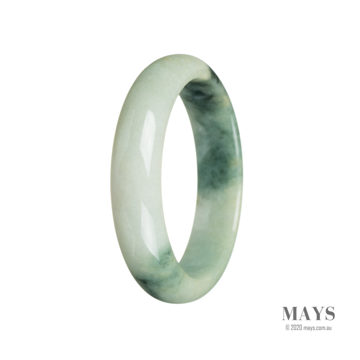 A half moon shaped green jade bangle with intricate patterns.