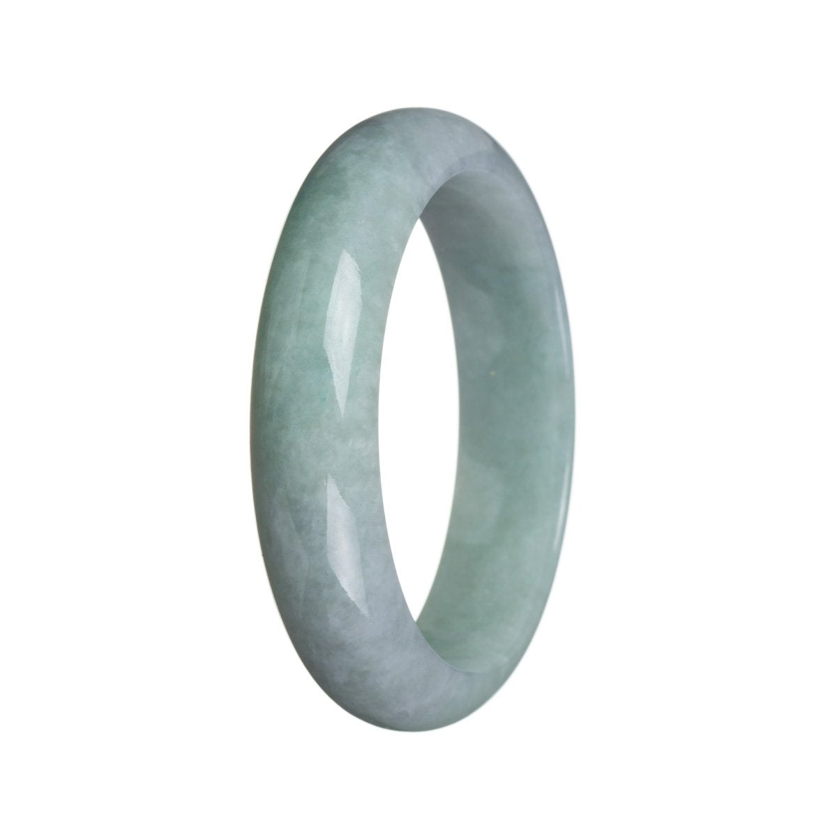 A close-up of a light green jade bracelet with a half moon shape, untreated and natural. The bracelet measures 57mm in size.