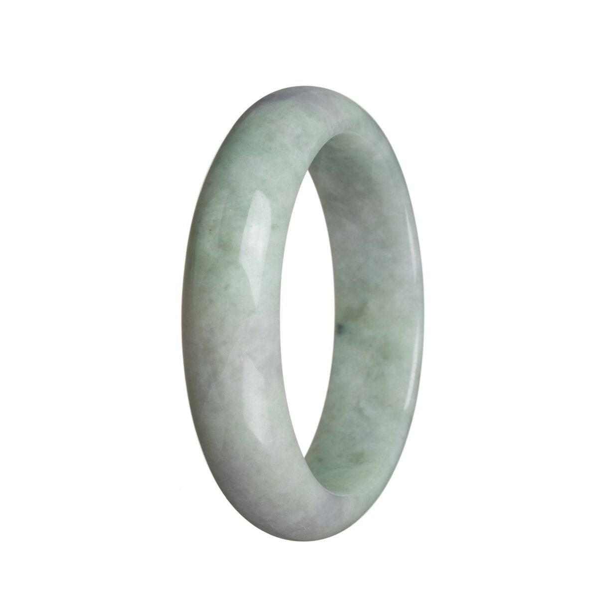 A beautiful light green Burmese jade bangle bracelet with hints of lavender, showcasing genuine Grade A quality. The bangle is shaped like a half moon and measures 58mm in diameter. A stunning piece from MAYS GEMS.