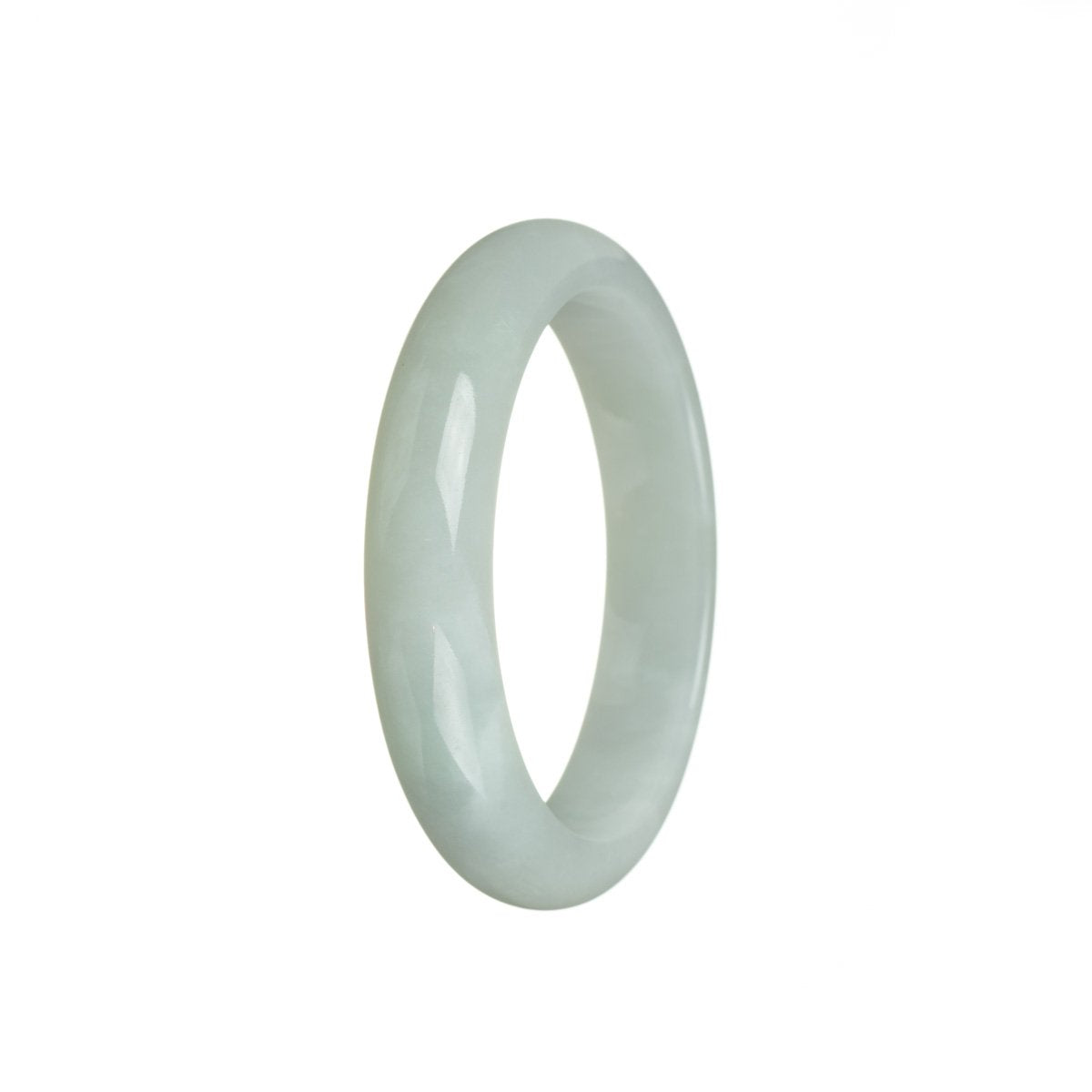 A white jadeite bangle, impeccably crafted with Grade A quality. Its semi-round shape measures 53mm, making it a timeless and elegant accessory. Sold by MAYS.