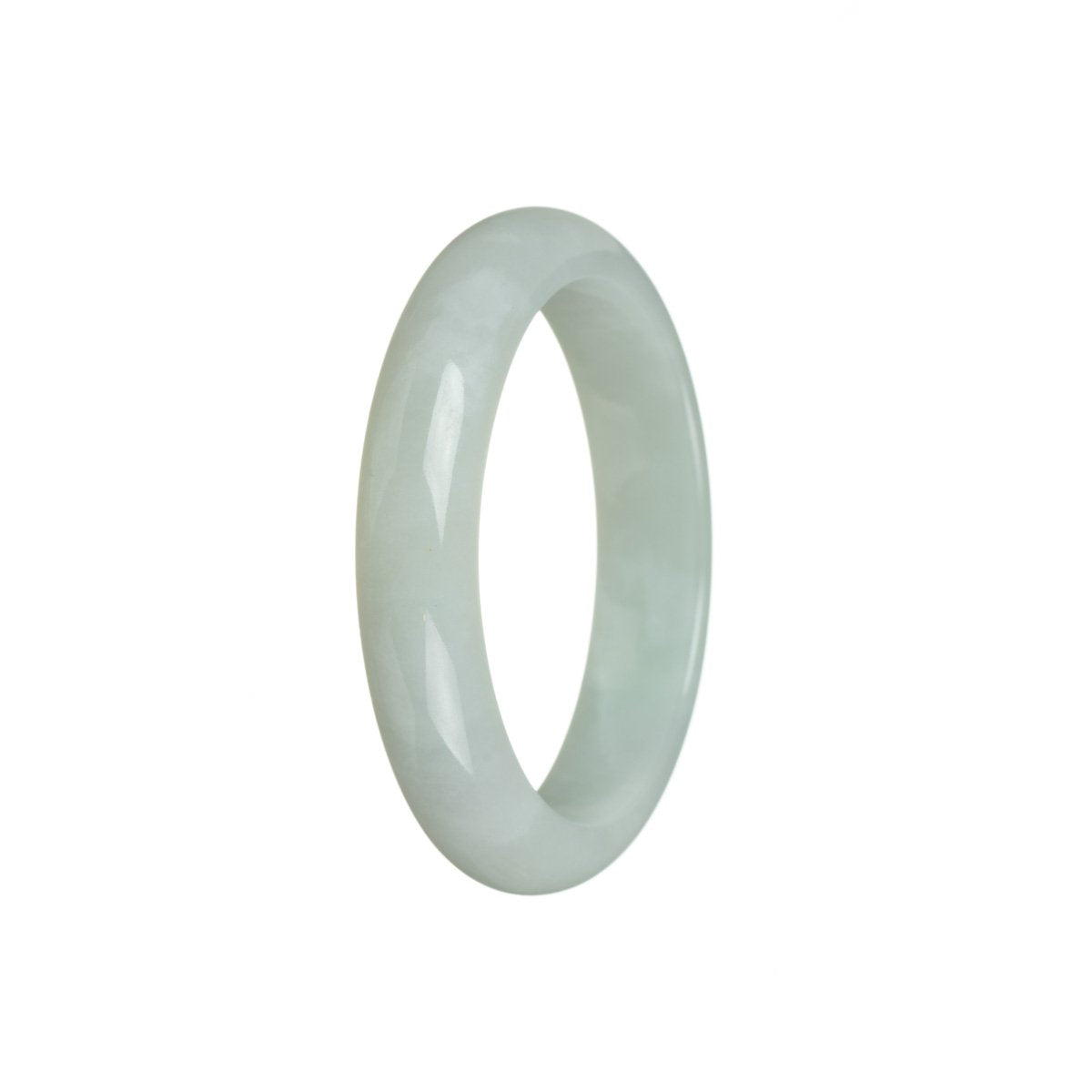 A close-up image of a genuine grade A white traditional jade bangle, measuring 53mm in diameter, with a semi-round shape. The bangle is from the brand MAYS.