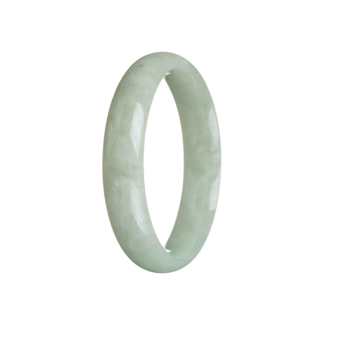 A light green Burma jade bangle bracelet with a half moon shape, measuring 56mm.