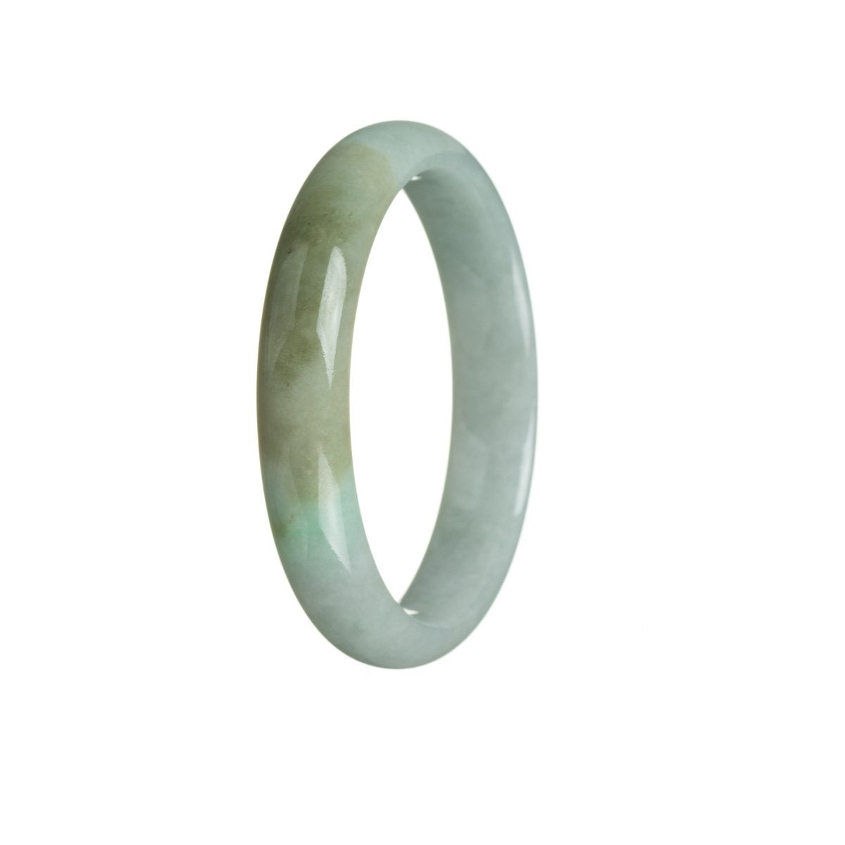 An elegant white and green jade bangle bracelet, featuring a half moon design, made from authentic Grade A jadeite jade.