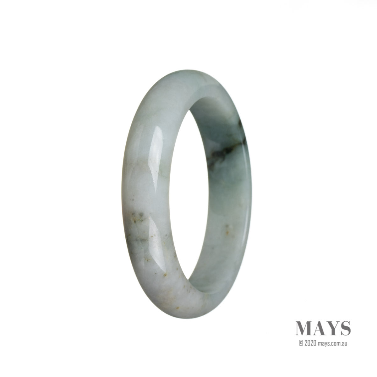 Image of a white flower traditional jade bracelet with a semi-round shape, measuring 55mm in size. This bracelet is made of genuine grade A jade and is sold by the brand MAYS.