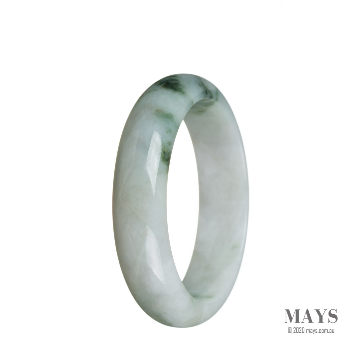 A close-up photo of a genuine untreated white jadeite bracelet with a green flower pattern in the shape of a half moon, measuring 59mm in diameter. The bracelet is crafted by MAYS GEMS.