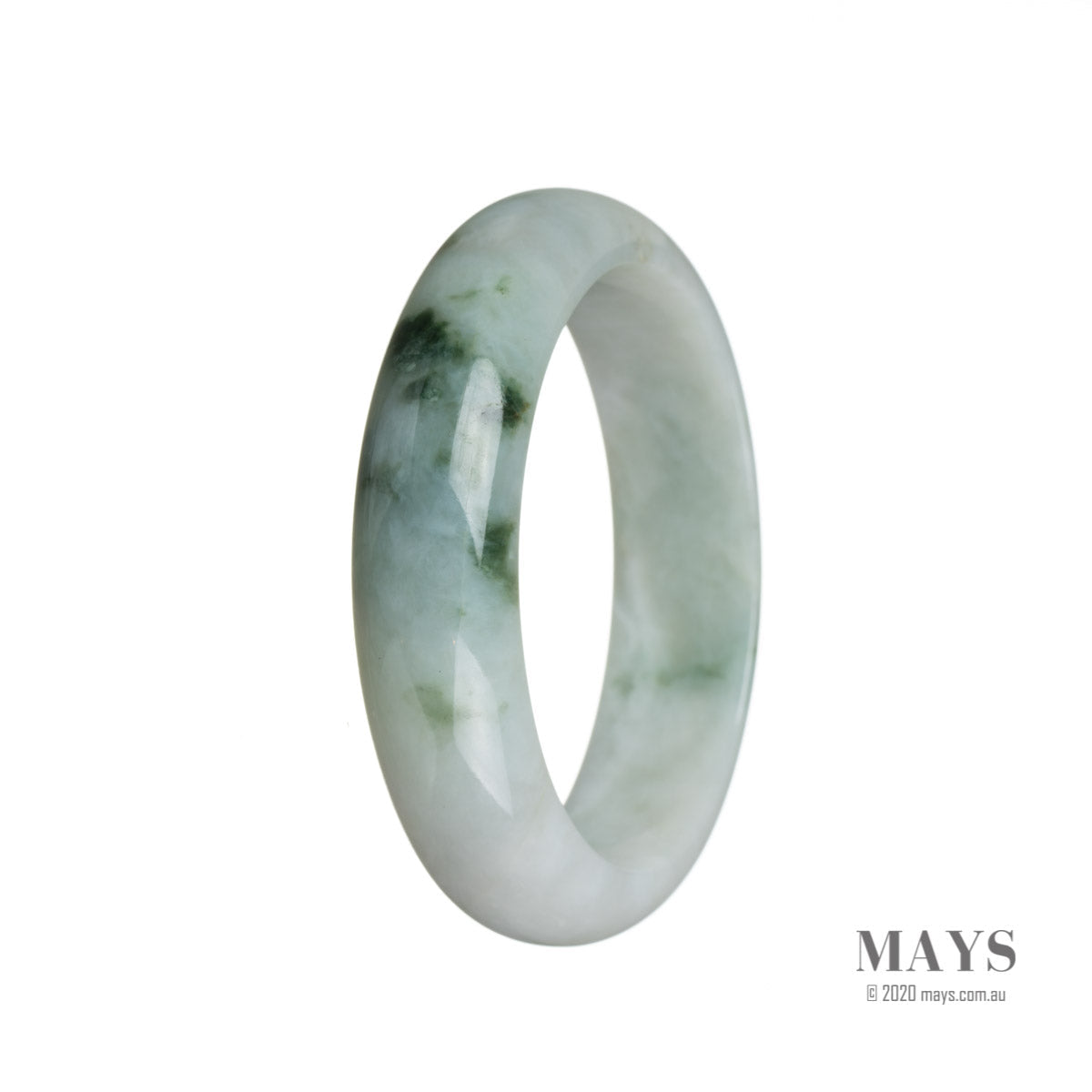 A white Burmese Jade bangle with a green flower design, in a Type A Half Moon shape, measuring 59mm.