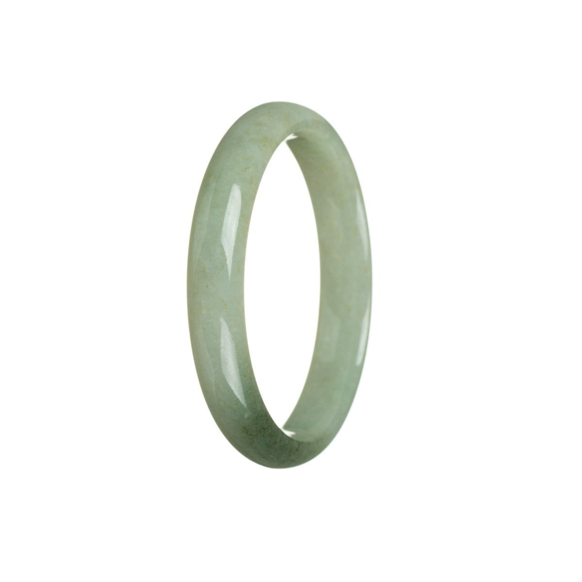 A close-up photo of a half moon-shaped light green Burmese Jade bangle bracelet, known for its authenticity and high quality.