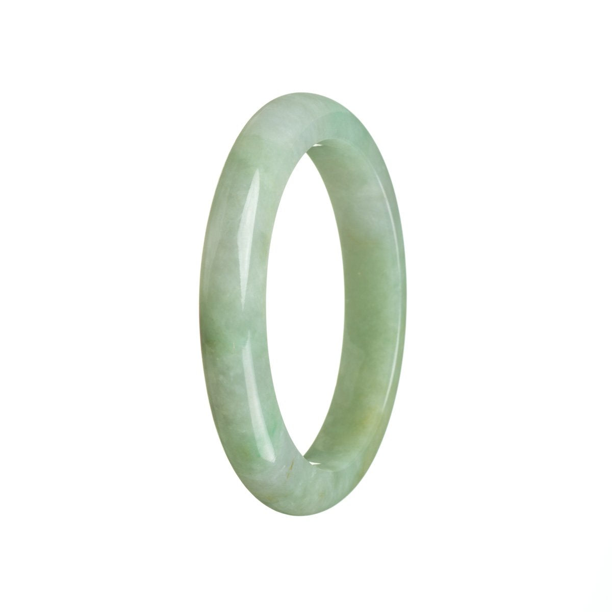 An exquisite Grade A Green Burma Jade Bangle, measuring 53mm in diameter, with a semi-round shape. Produced by MAYS GEMS.