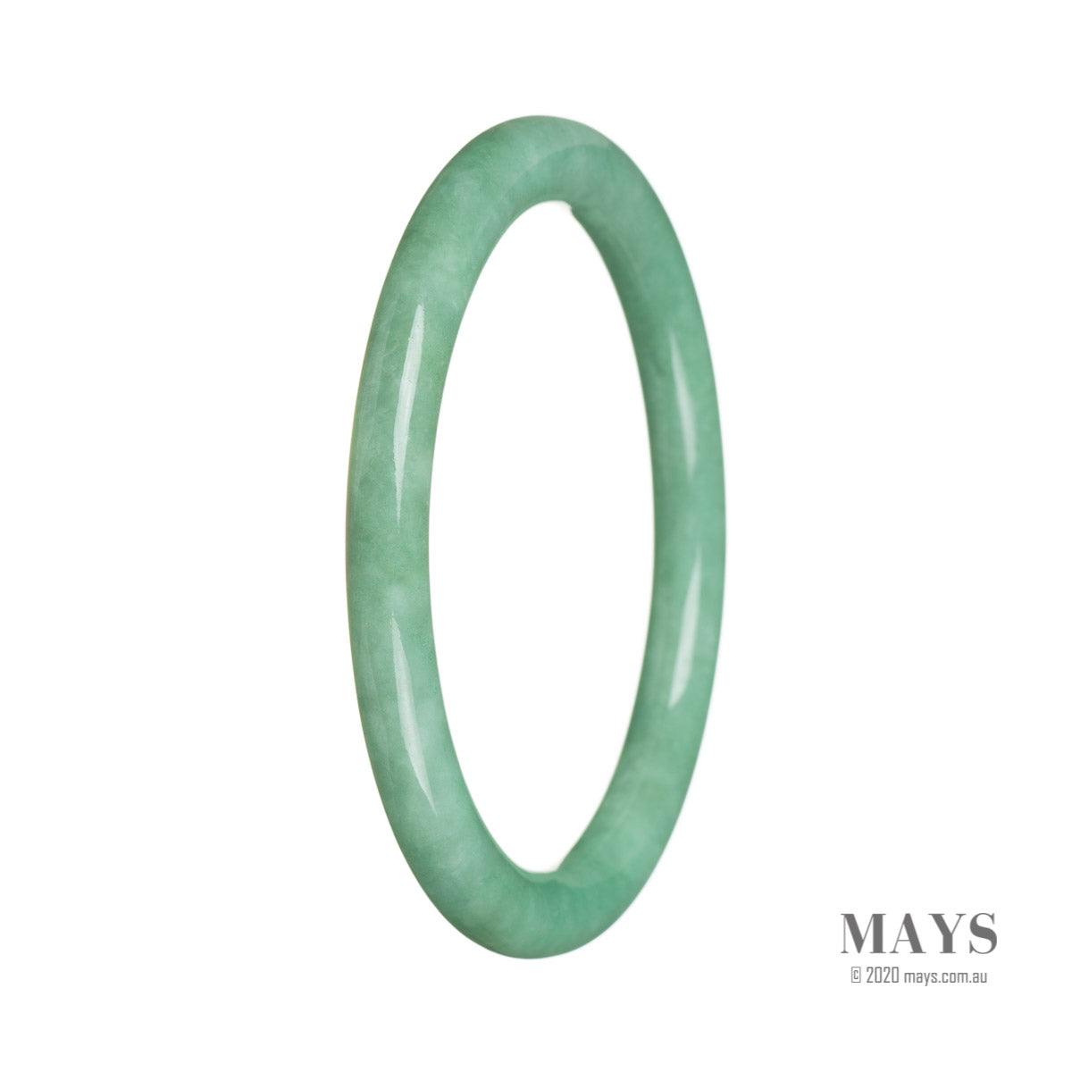 A close-up image of a bright green jade bangle bracelet with a petite round shape, made from high-quality Grade A jadeite. Perfect for adding a touch of elegance to any outfit.