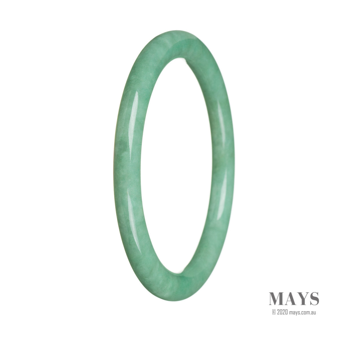 A close-up image of a bright green jade bracelet with petite round beads. The bracelet is made of genuine Grade A Burma jade and has a diameter of 61mm. It is sold by MAYS.