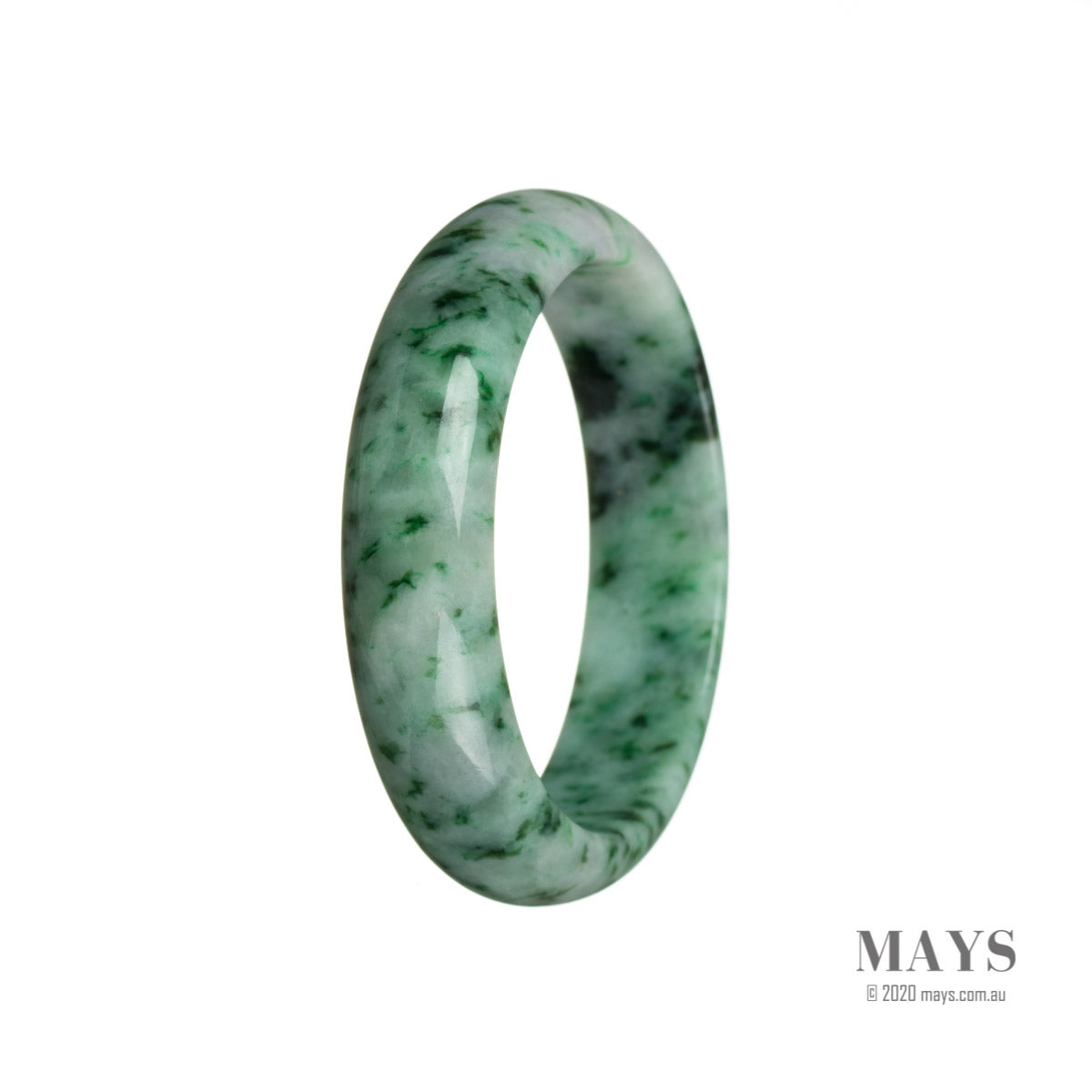 A half moon-shaped Type A Green Burma Jade bangle bracelet with a 55mm diameter. Crafted by MAYS GEMS.