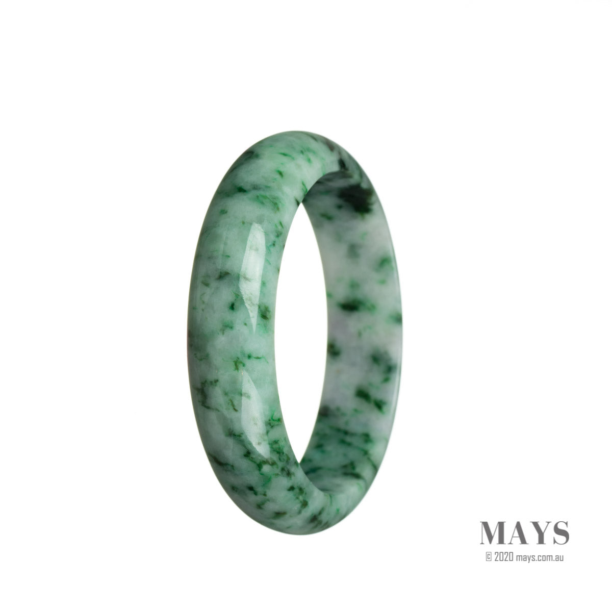 An exquisite green jade bangle with a traditional design, featuring a half-moon shape. Crafted with authentic Grade A jade, this bangle from MAYS GEMS is a stunning and timeless piece.